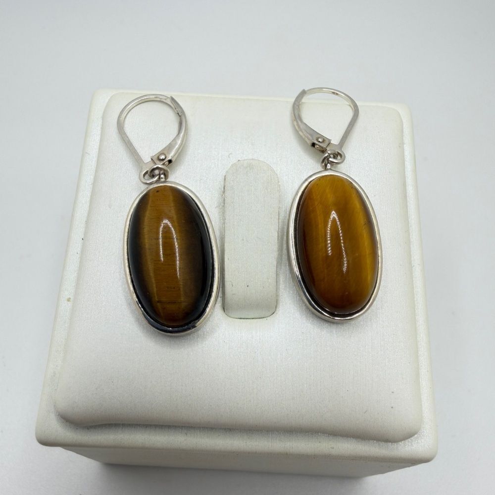 10x17mm oval cut cabochon TIGERS EYE dangle earrings‎ w/ 925 lever backs!